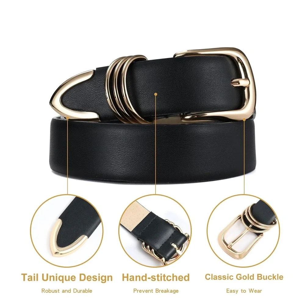 Women's Large Black Faux Leather Belt with Decorative Gold Belt‎ Buckle & Triple
